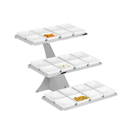 GGM Gastro Etagere / Buffet Stand - Stainless steel frame - Chrome - square - Height: 420mm - incl. 24 Melamine bowls 100x100mm - with 3 shelves