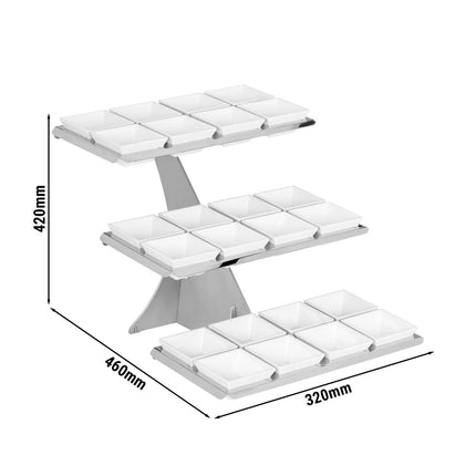 GGM Gastro Etagere / Buffet Stand - Stainless steel frame - Chrome - square - Height: 420mm - incl. 24 Melamine bowls 100x100mm - with 3 shelves