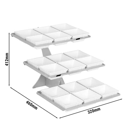 GGM Gastro Etagere / Buffet Stand - Stainless steel frame - Chrome - square - Height: 412mm - incl. 18 Melamine bowls 140x140mm - with 3 shelves
