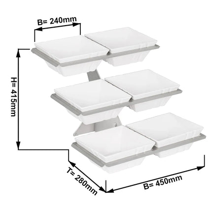 GGM Gastro Etagere / Buffet Stand - Stainless steel frame - square - Height: 415mm - incl. 6 Melamine bowls 240x240mm - with 3 shelves