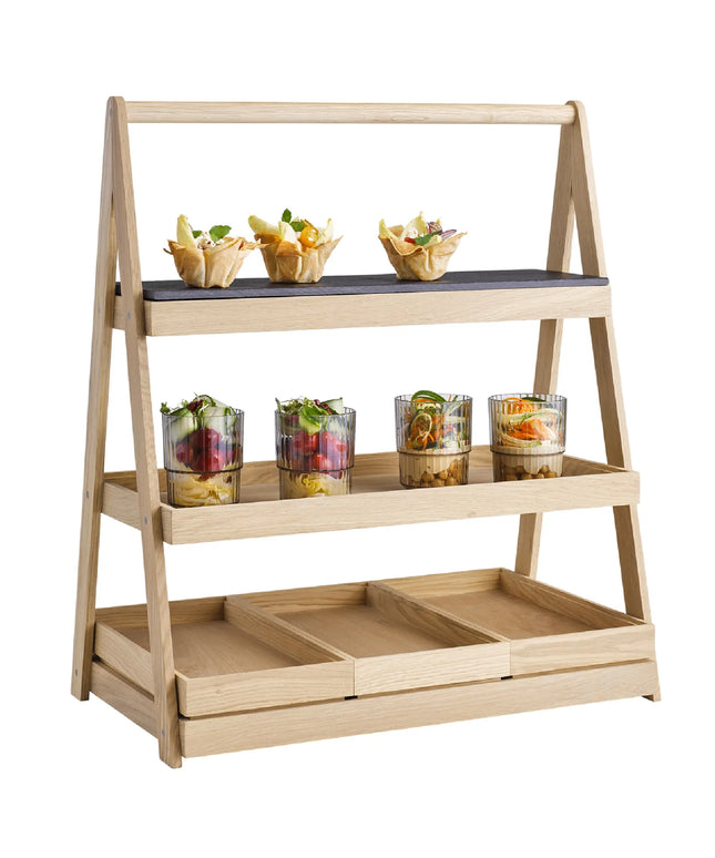 GGM Gastro Etagere / Buffet Stand - VALO - Oak - Brown - square - Height: 640mm - with 3 shelves - suitable for GN 1/1 & GN 2/4