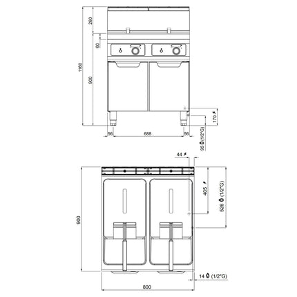 GGM Gastro Free Standing Gas Twin Tank Fryer - 18+18 litres - 28kW - Electronic control - Indirect heating - with drain tap