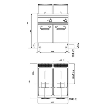 GGM Gastro Free Standing Gas Twin Tank Fryer - 18+18 litres - 28kW - Indirect heating - with drain tap