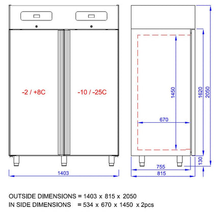 GGM Gastro Fridge Freezer Combination Stainless steel PREMIUM - GN 2/1 - 1400L - with 2 doors & Support grids