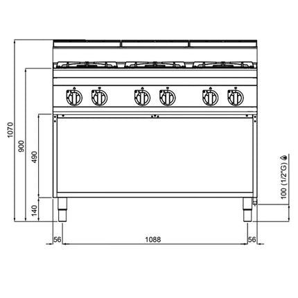 GGM Gastro Gas Boiling Top - 33.5kW - 6 burners - with open base shelf