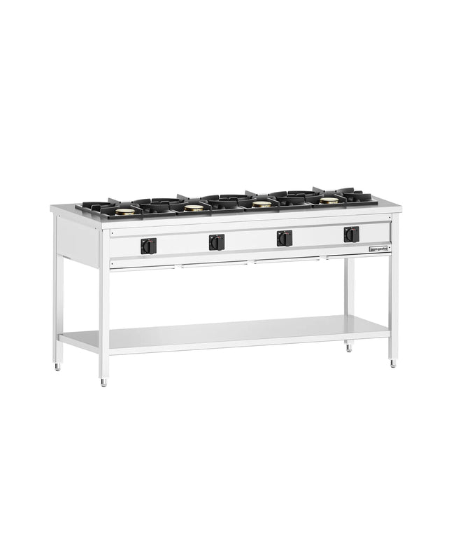 GGM Gastro Gas Boiling Top - 34kW - 4 burners - High-Output Burners - with open base shelf - with drip tray - Heavy Duty - High-Output Model