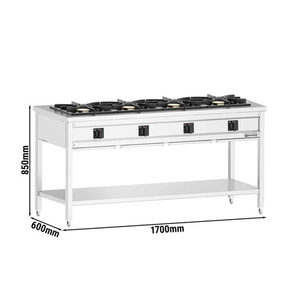 GGM Gastro Gas Boiling Top - 34kW - 4 burners - High-Output Burners - with open base shelf - with drip tray - Heavy Duty - High-Output Model