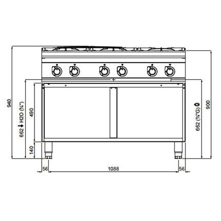 GGM Gastro Gas Boiling Top - 44kW - 6 burners - with open base shelf - Heavy Duty