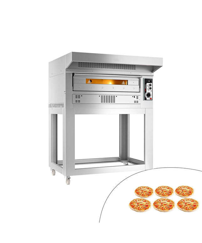 GGM Gastro Gas Deck Pizza Oven - Single Deck - Firebrick Base - 6 - Ø 35cm (35.1 cm) - 230V Single Phase - Mechanical Controls - incl. Stainless steel hood & Base frame & Wheels