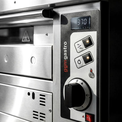 GGM Gastro Gas Deck Pizza Oven - Single Deck - Firebrick Base - 6 - Ø 35cm (35.1 cm) - 230V Single Phase - Mechanical Controls - incl. Stainless steel hood & Base frame & Wheels