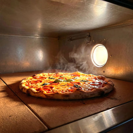 GGM Gastro Gas Deck Pizza Oven - Single Deck - Firebrick Base - 6 - Ø 35cm (35.1 cm) - 230V Single Phase - Mechanical Controls - incl. Stainless steel hood & Base frame & Wheels