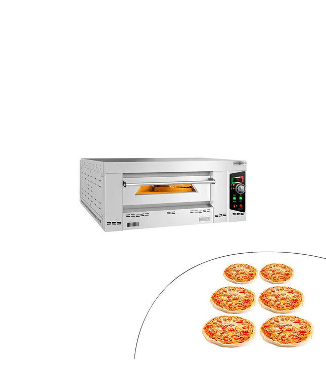GGM Gastro Gas Deck Pizza Oven - Single Deck - Refractory Stone Deck - 6 - Ø 34cm (34 cm) - 230V Single Phase - Mechanical Controls - up to 450°C - incl. Chimney, Ø150mm flue pipe, Natural gas & Propane jets