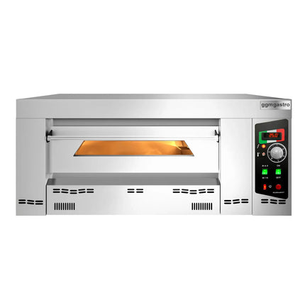 GGM Gastro Gas Deck Pizza Oven - Single Deck - Refractory Stone Deck - 6 - Ø 34cm (34 cm) - 230V Single Phase - Mechanical Controls - up to 450°C - incl. Chimney, Ø150mm flue pipe, Natural gas & Propane jets