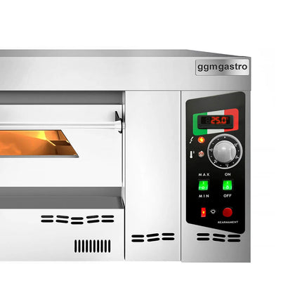 GGM Gastro Gas Deck Pizza Oven - Single Deck - Refractory Stone Deck - 6 - Ø 34cm (34 cm) - 230V Single Phase - Mechanical Controls - up to 450°C - incl. Chimney, Ø150mm flue pipe, Natural gas & Propane jets