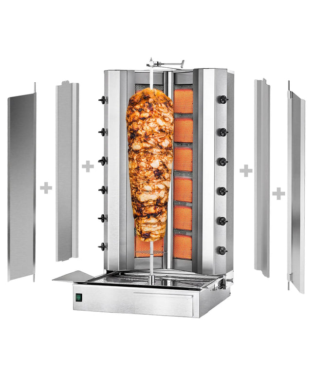 GGM Gastro Gas Doner Kebab Grill (Shawarma/Gyros) - 12 Burner - up to 150kg - 39kW - Countertop - incl. 2 splash guards & 2 double doors
