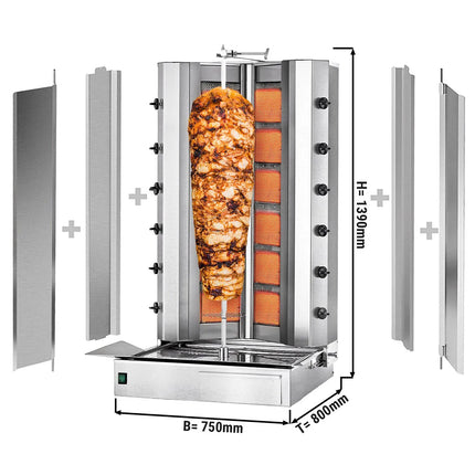 GGM Gastro Gas Doner Kebab Grill (Shawarma/Gyros) - 12 Burner - up to 150kg - 39kW - Countertop - incl. 2 splash guards & 2 double doors