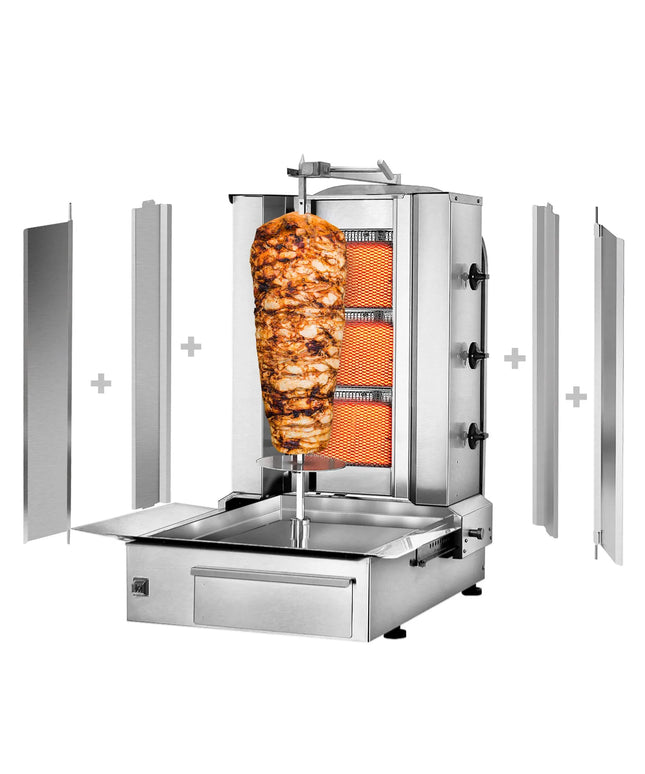 GGM Gastro Gas Doner Kebab Grill (Shawarma/Gyros) - 3 Burner - up to 40kg - 9.75kW - Countertop - incl. 2 splash guards & 2 double doors