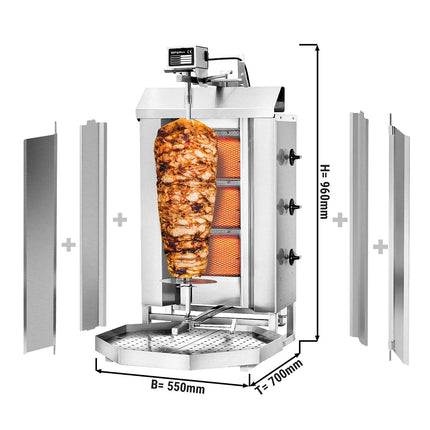 GGM Gastro Gas Doner Kebab Grill (Shawarma/Gyros) - 3 Burner - up to 40kg - 9.75kW - Countertop - incl. 2 splash guards & 2 double doors
