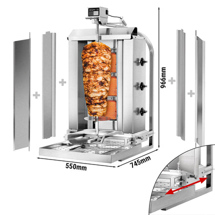 GGM Gastro Gas Doner Kebab Grill (Shawarma/Gyros) - 3 Burner - up to 40kg - 9.75kW - Countertop - incl. 2 splash guards & 2 double doors