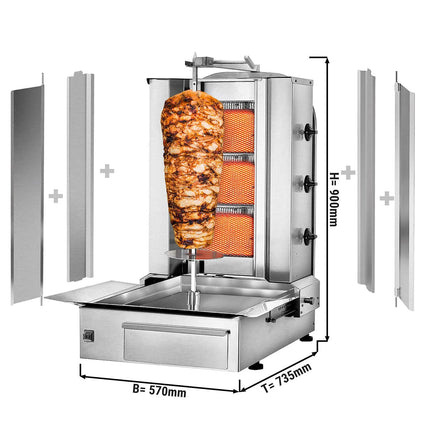 GGM Gastro Gas Doner Kebab Grill (Shawarma/Gyros) - 3 Burner - up to 40kg - 9.75kW - Countertop - incl. 2 splash guards & 2 double doors