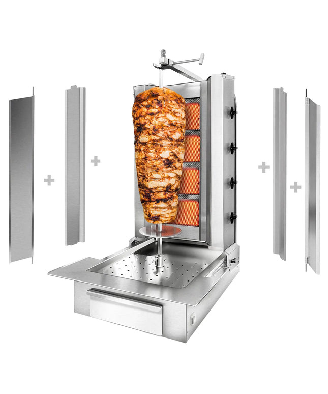 GGM Gastro Gas Doner Kebab Grill (Shawarma/Gyros) - 4 Burner - up to 60kg - 13kW - Countertop - incl. 2 splash guards & 2 double doors - For UK