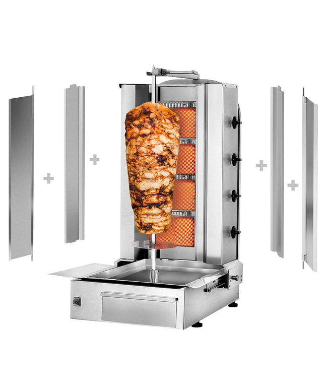 GGM Gastro Gas Doner Kebab Grill (Shawarma/Gyros) - 4 Burner - up to 60kg - 13kW - Countertop - incl. 2 splash guards & 2 double doors