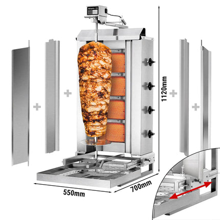 GGM Gastro Gas Doner Kebab Grill (Shawarma/Gyros) - 4 Burner - up to 60kg - 13kW - Countertop - incl. 2 splash guards & 2 double doors