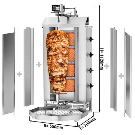 GGM Gastro Gas Doner Kebab Grill (Shawarma/Gyros) - 4 Burner - up to 60kg - 13kW - Countertop - incl. 2 splash guards & 2 double doors