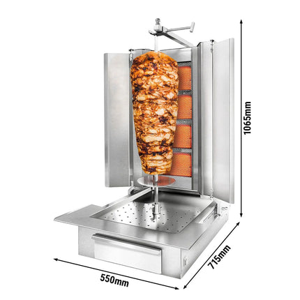 GGM Gastro Gas Doner Kebab Grill (Shawarma/Gyros) - 4 Burner - up to 60kg - 13kW - Countertop - incl. 2 splash guards & 2 double doors - For UK