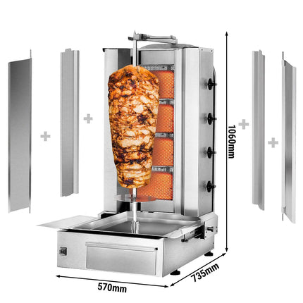 GGM Gastro Gas Doner Kebab Grill (Shawarma/Gyros) - 4 Burner - up to 60kg - 13kW - Countertop - incl. 2 splash guards & 2 double doors