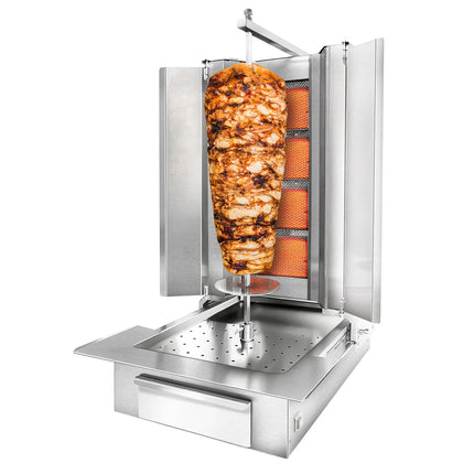 GGM Gastro Gas Doner Kebab Grill (Shawarma/Gyros) - 4 Burner - up to 60kg - 13kW - Countertop - incl. 2 splash guards & 2 double doors - For UK