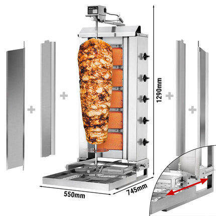 GGM Gastro Gas Doner Kebab Grill (Shawarma/Gyros) - 5 Burner - up to 80kg - 16.25kW - Countertop - incl. 2 splash guards & 2 double doors