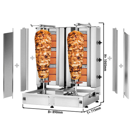 GGM Gastro Gas Doner Kebab Grill (Shawarma/Gyros) - Twin x 3 Burner - up to 80kg - 19.5kW - Countertop - incl. 2 splash guards & 2 double doors