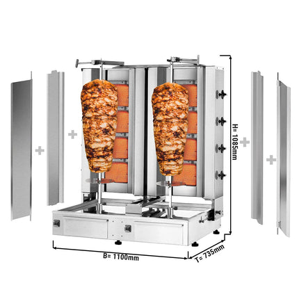 GGM Gastro Gas Doner Kebab Grill (Shawarma/Gyros) - Twin x 4 Burner - up to 120kg - 26kW - incl. 2 splash guards & 2 double doors - For CE