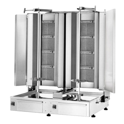 GGM Gastro Gas Doner Kebab Grill (Shawarma/Gyros) - Twin x 4 Burner - up to 120kg - 26kW - incl. 2 splash guards & 2 double doors - For CE
