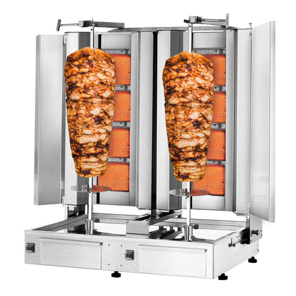 GGM Gastro Gas Doner Kebab Grill (Shawarma/Gyros) - Twin x 4 Burner - up to 120kg - 26kW - incl. 2 splash guards & 2 double doors - For CE