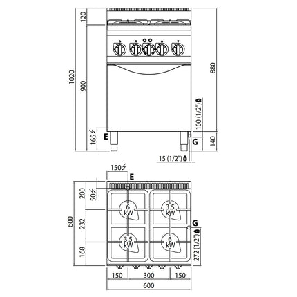 GGM Gastro Gas Oven Range - 19kW - 4 burners - with Electric Oven Convection Oven - 3kW
