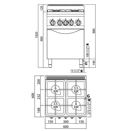 GGM Gastro Gas Oven Range - 19kW - 4 burners - with Gas Oven Static Oven - 3.5kW