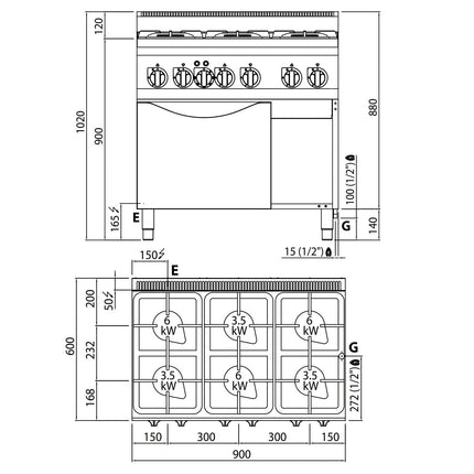 GGM Gastro Gas Oven Range - 28.5kW - 6 burners - High-Output Burners - with Electric Oven Convection Oven - 3kW