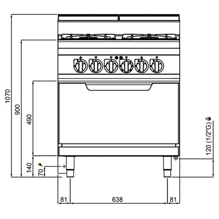 GGM Gastro Gas Oven Range - 29kW - 4 burners - with Electric Oven Static Oven - 7.5kW