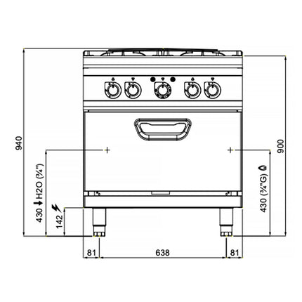 GGM Gastro Gas Oven Range - 32.68kW - 4 burners - with Electric Oven Convection Oven - 4.68kW