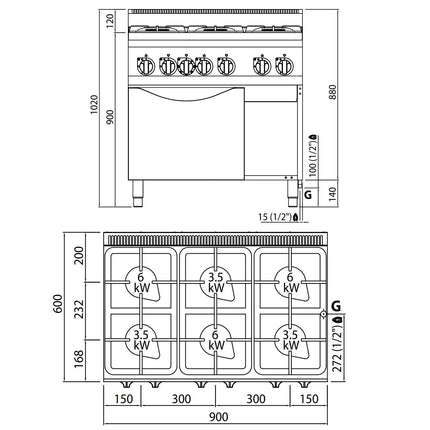 GGM Gastro Gas Oven Range - 32kW - 6 burners - High-Output Burners - with Gas Oven Static Oven - 3.5kW - Heavy Duty - High-Output Model