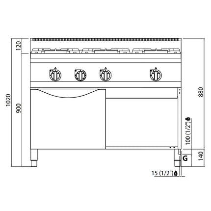 GGM Gastro Gas Oven Range - 34.5kW - 3 burners - with Gas Oven Static Oven - 3.5kW