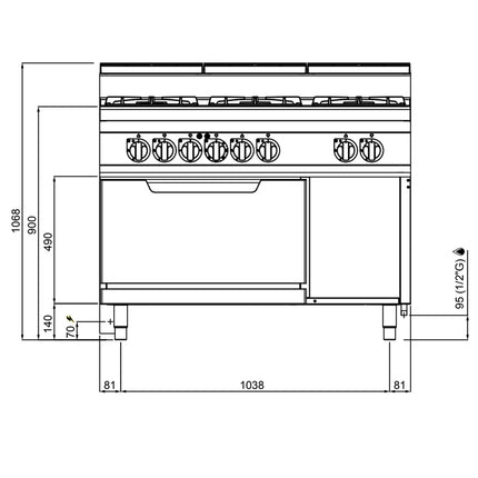 GGM Gastro Gas Oven Range - 41kW - 6 burners - with Electric Oven Static Oven - 7.5kW