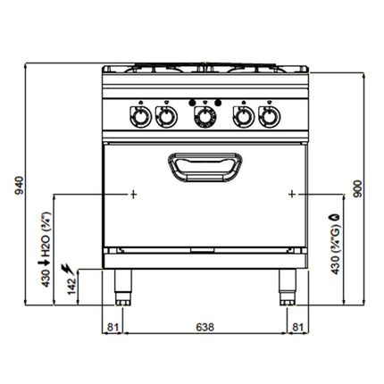 GGM Gastro Gas Oven Range - 44.68kW - 4 burners - with Electric Oven Convection Oven - 4.68kW - High-Output Model