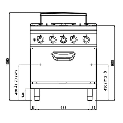 GGM Gastro Gas Oven Range - 47.8kW - 4 burners - with Gas Oven Static Oven - 7.8kW