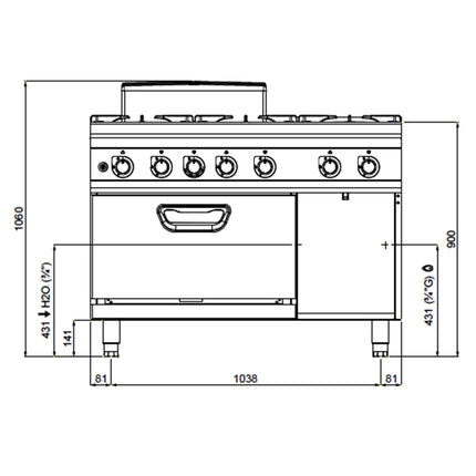 GGM Gastro Gas Oven Range - 51.8kW - 6 burners - with Gas Oven Static Oven - 7.8kW