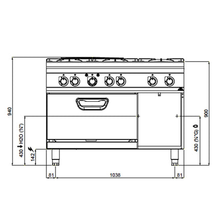 GGM Gastro Gas Oven Range - 64.68kW - 6 burners - with Electric Oven Convection Oven - 4.68kW