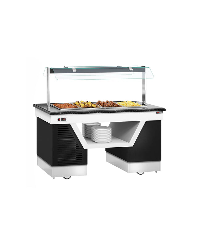 GGM Gastro Heated Bain Marie Buffet Counter BELFAST - 1600mm - with Bain Marie Well + Flat Glass Sneeze Guard - on Castors - for 4x GN 1/1 - Black