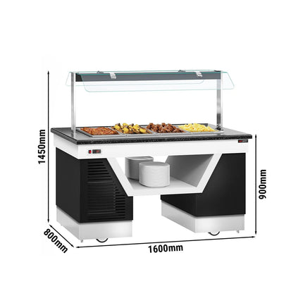 GGM Gastro Heated Bain Marie Buffet Counter BELFAST - 1600mm - with Bain Marie Well + Flat Glass Sneeze Guard - on Castors - for 4x GN 1/1 - Black